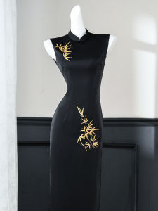 Elegant Slimming Cheongsam Black Retro Chinese Style Embroidery Summer Dress
