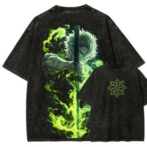 Bandai | Demon Slayer Mens and Womens Washed T-Shirt Sanemi Shinazugawa Summer Spring Anime Tee Retro Distressed High-end Short Sleeve