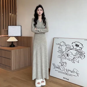 Autumn Winter Knitted Midi Sweater Dress High Waist A-Line Casual Long Sleeve Ladies Fashion Small Size Medium Length Dress