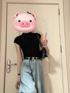 HUOLISI | Stylish Black Cooling Knit High Low Half Sleeve Tight Fit T-shirt