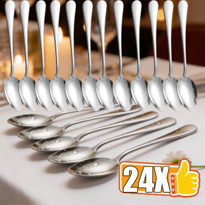 24pcs Stainless Steel Mirror Polished Tableware Household Rice Spoon / Kitchen Useful Tableware / Restaurant Serving Spoon / Thicken Rice Soup Spoon