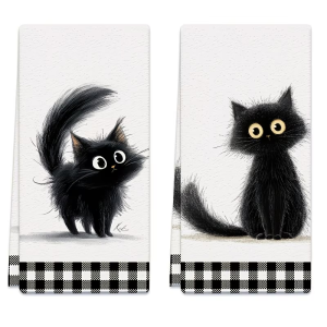 2-Pack Black Plaid Kitten Kitchen Towels Dish Towels Hand Towels Kitchen Decor Towels Neighbor Gifts Sweet Housewarming Gifts for Friends Mom Gifts Friend Birthday Gifts
