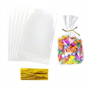 20/50/100 Chiếc Túi Quà Cellophane Đáy Trong Suốt Có Dây Buộc Vàng Cho Tiệc Cưới Lễ Rửa Tội Sinh Nhật Giáng Sinh