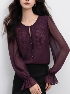 Fashionable Lace Shirt Womens Bell Sleeve Patchwork Design Stand Collar Slimming Top Breathable Polyester Long Sleeve Casual Wear