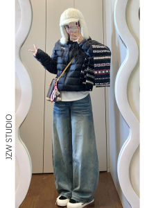 American Light Wash Wide Leg Low Waist Jeans Women Loose Slimming Drapey Lazy Straight Long Pants Casual Style Distressed