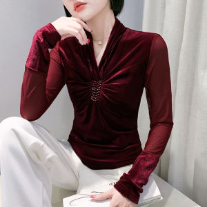 Yimei Áo Thun Dài Tay nhung cổ chữ V đính móng tay cho nữ thiết kế mùa thu và mùa đông dài tay lưới gợi cảm Áo xếp li Áo Thun Cơ Bản tím cao cấp