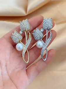 ALENADAY Bross Berlian Mutiara Bunga Tulip Pin Peniti Hijab Jilbab Jas Aksesoris Fashion BRS15