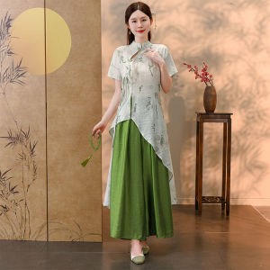 MAIMEI | Ode Improved Cheongsam Two-Piece Set Summer New National Style Zen Tea Clothing Womens Top Plus Pants Long Pants Polyester Fiber