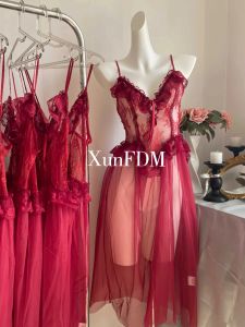 เซ็กซี่ Long French Court Style ลูกไม้ Hollow Out สายคล้อง ชุดนอน Thincat Tamed ผู้หญิง Chemise Mid Length V Neck Pyjamas