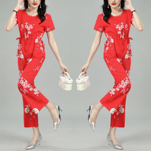 แฟชั่นชุดผ้าฝ้ายเทียมสําหรับผู้หญิงที่สมบูรณ์แบบสําหรับฤดูร้อนมาใหม่มีสไตล์แขนสั้น Flared เก้าจุดชุดสองชิ้น