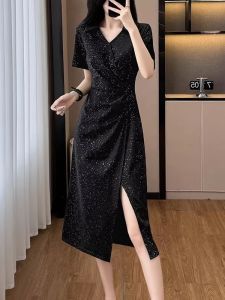 DAIXIANGFEIZI | V-Neck Short Sleeve Petite Large Size Elegant Mid-Length Dress For Spring and Summer