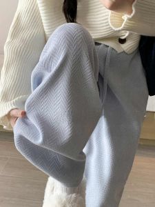 Blue Chenille Loose Pants Womens Fall and Winter High Waist Loose and Idle Straight-leg Herringbone Casual Fleece-Lined Knitting Pants
