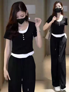 Bộ Đồ Hai Mảnh Mùa Hè Cho Nữ Tay Ngắn Quần Ống Rộng Cạp Cao Thường Ngày Thời Trang Hợp Thời Trang Polyester 100%