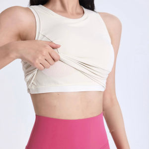 Annerun Sports Tank Top Women Quick Dry round Neck Tight Fitness Running Yoga Clothes Fixed Chest Pad Gym Upper Apparel