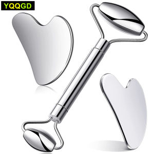 Face Roller และชุด Gua Sha-สแตนเลส Gua Sha Boardลูกกลิ้งหน้าสแตนเลสสําหรับริ้วรอยAnti Aging Facial Roller