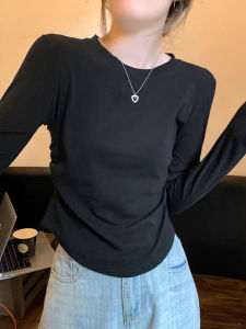 Black Slim Fit Long Sleeve Base Shirt Womens Inner Wear Autumn Waist Cinched Slimming Top Hem Arc T-Shirt Casual Style Commute