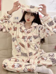 Thickened Coral Fleece Pajamas Set for Women Autumn Winter Home Wear Cartoon KT Student Sweet Velvet Soft Long Sleeve Button up