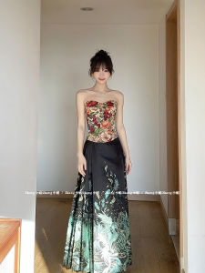 New Chinese Style Black Weave Gold Hanfu Womens High Waist Skirt Top Half Body Spring Autumn One Set Traditional Costume
