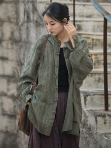 Retro Cotton Linen Open Cardigan Womens Style Buttoned Outerwear Summer New Arrival Business Casual Long Sleeve Midi Coat