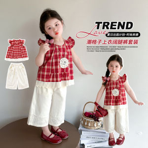 Girls Summer Outfit Flying Sleeve Plaid Wide Leg Pants Two Piece Set Childrens Korean Style Baby Fashion Clothes Set