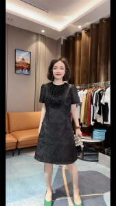 Summer New Fashion Heavy Embellished Short Sleeve round Neck Slimming Dress Womens Premium Quality Clothing
