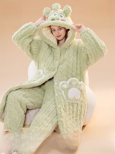 miiow | Cat Person Coral Fleece Thickened Home Clothes Womens Long Sleeve Sleep Robe Autumn Winter New Style MiiOW Cartoon Cute Style