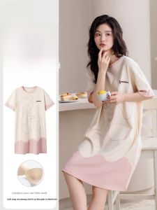 MiiOW | Váy ngủ tay ngắn cotton nguyên chất mùa hè MiiOW Cat Lady Váy ngủ nữ thoáng khí thoải mái mặc nhà cỡ lớn