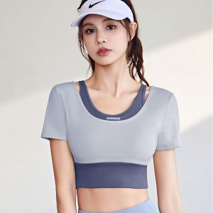 Phụ Nữ Sơ Mi thể thao giả hai mảnh tương phản áo hở eo phòng tập thể dục tay ngắn Áo tập Yoga tập thể dục chạy Bộ huấn luyện áo ba lỗ