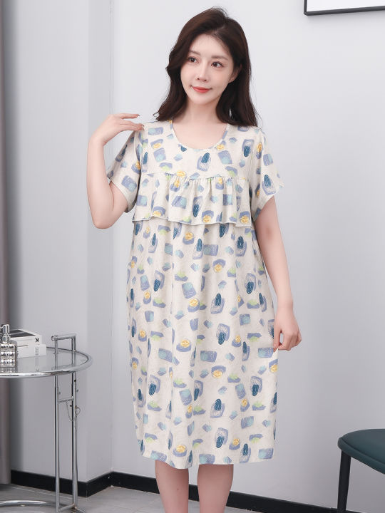 Cotton%20Silk%20Sleepwear%20Women%20Summer%20Mid-aged%20Short%20Sleeve%20Nightgown%20Artificial%20Cotton%20Dress%20Midi%20Length%20plus%20Size%20Home%20Clothes%20Mom%20Style%20-%20Image%203