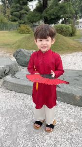 Set áo dài tết kèm quần bé trai lụa gân màu đỏ màu vàng phối gấm có khánh BERNIE 9 đến 24kg 924B17