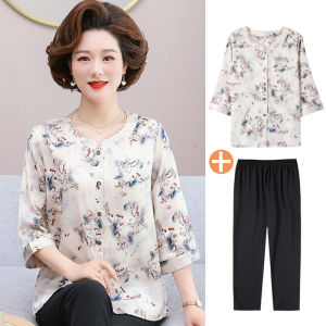 ผ้าไหม เสื้อเชิ้ตสไตล์แม่ ชุดหน้าร้อน สําหรับ วัยกลางคนและผู้สูงอายุ ผู้หญิง หลวม Fit Button Up ลายดอก ชุดสองชิ้นข้อเท้ายาว กางเกง