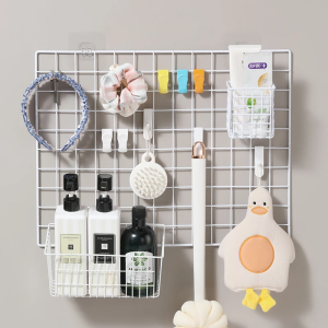 Kitchen Wall Mounted Storage Rack Organizer: Net Shelf Hole Board No Drilling Required Hanging Basket for Utensils & More