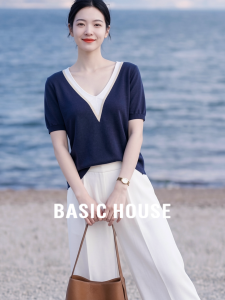Basic House | Stylish Navy Blue Two-Piece Illusion V-Neck Short Sleeve Knitwear