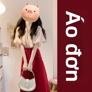 CAOZIMUYI | Đầm Tay Bồng Chấm Bi Màu Đỏ Phong Cách Pháp Elegante Mùa Hè