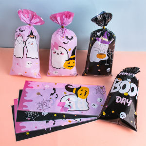 50pcs Halloween Pink Candy Bags Ghost Candy Cookie Packaging Bag Trick or Treat Kids Gifts for Halloween Party Decorations 2025