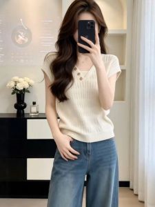 V.C.I | Lace V-Neck Ice Silk Knit Short Sleeve T-shirt Summer Thin Korean Style Reducing Age Small Wing Sleeve Blouse