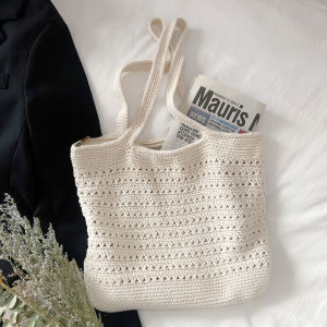 Large Capacity Handwoven Cotton Shoulder Bag with Hollow Out Design Casual Bucket Shape Versatile and Lightweight Ideal for Youth