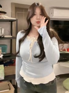 Large Size for Girl Sweet Style Age-Reducing Fake Two-Piece Tops Womens Spring Slim-Fit Easiest for Match Leisure Commute Bottoming Shirt T-shirt Fashion