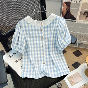 Sweet Lace Trimmed Plaid Short Sleeve Shirt Womens Summer Casual Loose Slimming Shirt Youthful Chic Top Korean Style Straight Cut