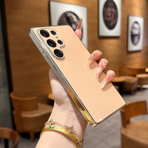 เคสกันกระแทกแบบแข็งพร้อมกรอบชุบโครเมียมหรูหรา สำหรับ Samsung Galaxy S25 S24 S23 S22 Ultra พร้อมฟิล์มเลนส์แบบมันเงา