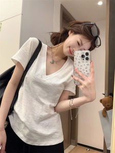 Áo Thun Cotton Mùa Hè Cổ Chữ V Tay Ngắn Màu Trắng Phong Cách Hàn Quốc Thường Ngày Thoáng Khí Thoải Mái Cho Nữ