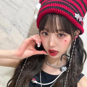 Y2K Cute Star Devil Knitted Beanie Hat Ins Skullies Striped Knitting Wool Cap Autumn Winter Cat Ears Pointed Pullover Women Hats
