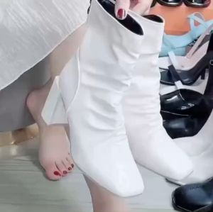 [Sẵn hàng ]Boot nữ cổ cao Bốt cổ nhăn 7 phân da bóng gót vuông sành điệu mẫu mới 2023