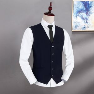 ROMON | Lormen Mens Business Casual Slim Fit Vest Wedding Groomsmen Workwear Summer Thin Polyester Blend No-Button Pure Color Vest
