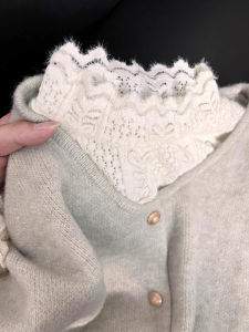 Womens Knitted Lace Trim Half High Collar Base Layer Top Single Button Sweater Soft Cozy Two Piece Set Autumn Winter Fashion