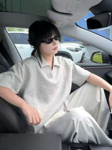 Gray Deconstructed Patchwork Shoulder Polo Shirt Short Sleeve Mens Summer American High Street V-neck T-shirt Cleanfit Half Sleeve