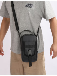 Black PU Motorcycle Bag Mens Crossbody Outdoor Tactical Single Shoulder Bag Leisure Zipper Closure Small Size Vertical Shape