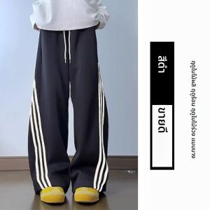 กางเกงขายาวทรงตรงผ้าไนลอนสไตล์อเมริกันสำหรับผู้หญิง กางเกงขายาวทรงตรงลำลองบาง 3 แถบ ฤดูใบไม้ผลิและฤดูใบไม้ร่วง