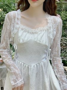 Elegant White Lace Open Cardigan Womens Summer Thin Style with Strap Dresses Outer Fashionable Small Shawl Short Jacket Sunscreen Clothes