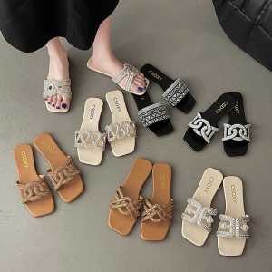 plus Size Womens Sandals Wide Fit Comfortable Flat Bottom Diamond Embellished Outdoor Fashionable Versatile Slip-On Slippers